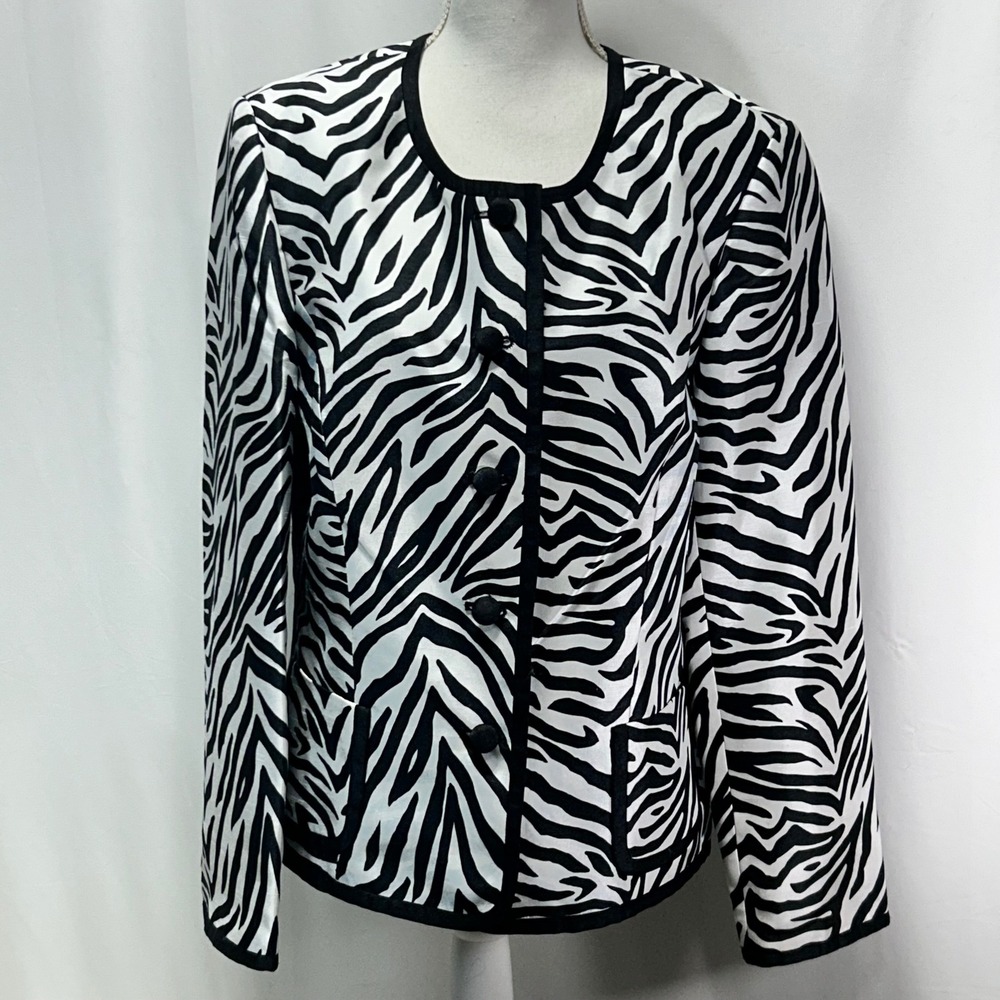 John Meyer Collection Zebra Print Blazer Black White Button Front‎ Jacket Sz 14